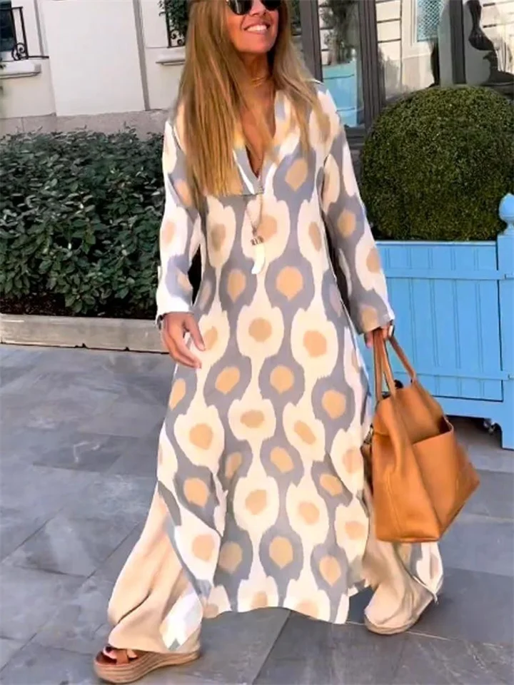 Summer New Fashion Geometric Pattern Printing V-neck Temperament Commuter Long Section Long-sleeved Lazy Wind Dress Female-Cosfine