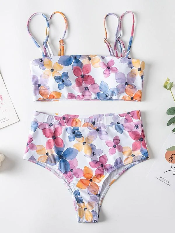 Floral-Print Bandeau Split Bikini Swimsuit