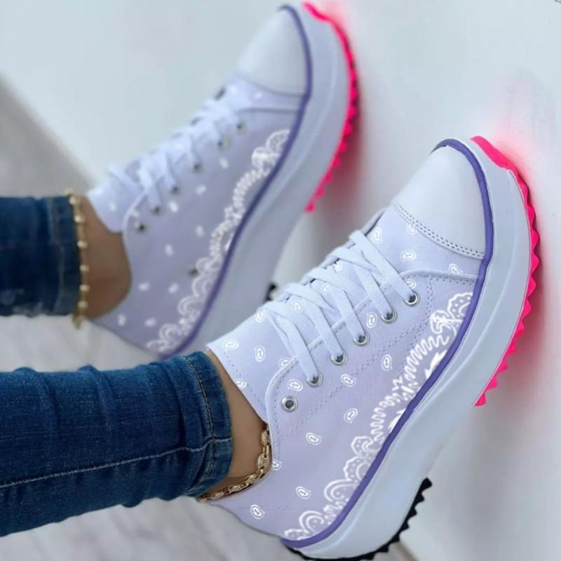 Women's Canvas Print Lace-up Platform Heel Sneakers- Catchfuns - Offers Fashion and Quality Sneakers