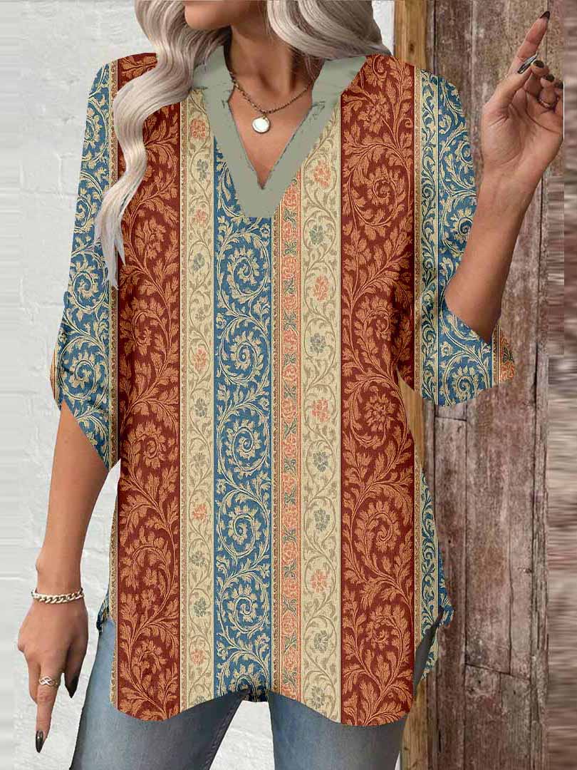 Women Floral, Brown, Blue DZGA0355 3/4 Sleeve V-neck Printed Graphic Button Tops