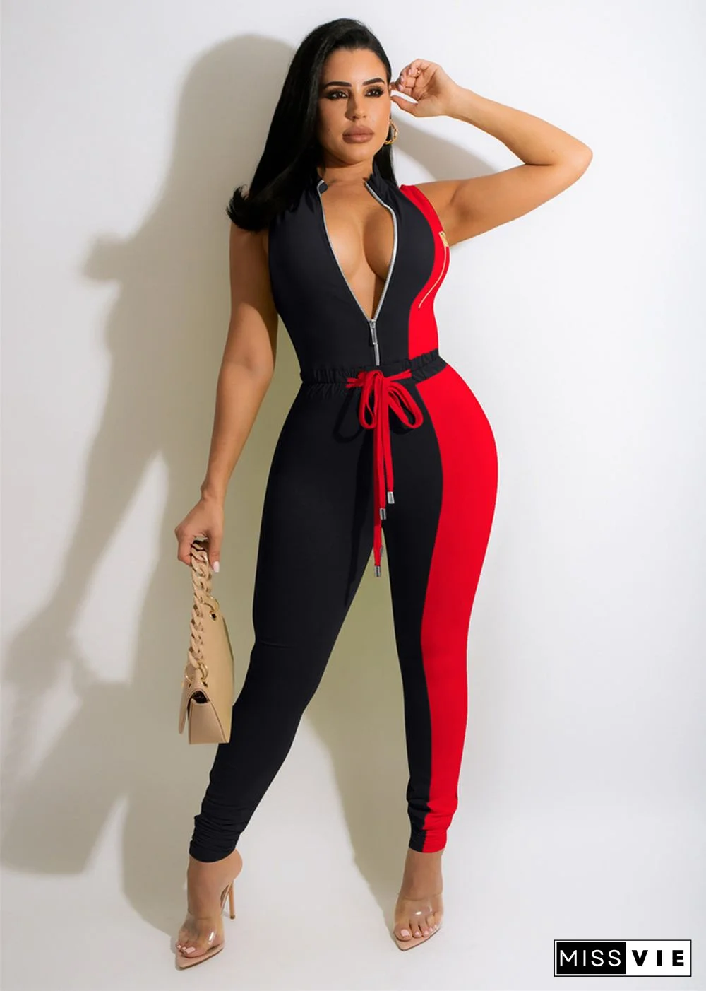 Patchwork Fitness Zipper Sleeveless One Piece Jumpsuit