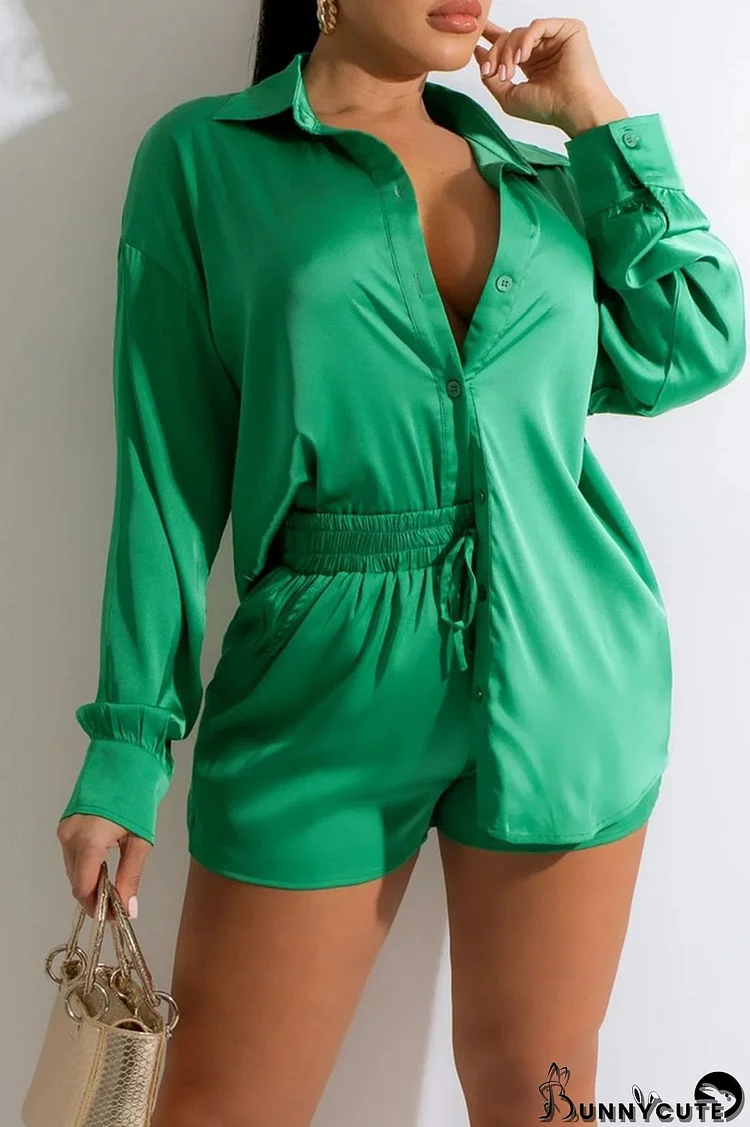 Green Casual Solid Split Joint Buckle Turndown Collar Long Sleeve Two Pieces