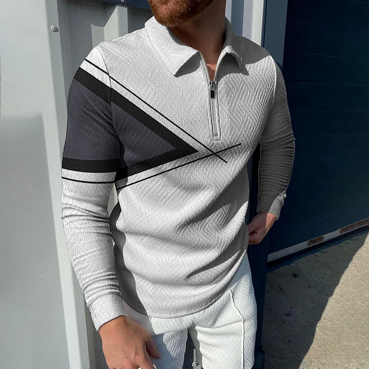BrosWear Casual Geometric Color Contrast Long Sleeve Polo Shirt