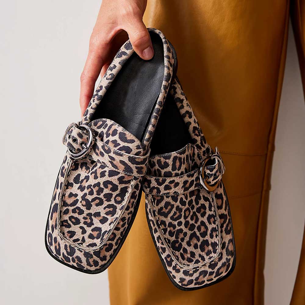 Beige Leopard Print Square Toe Flat Buckled Slip-On Mules Nicepairs