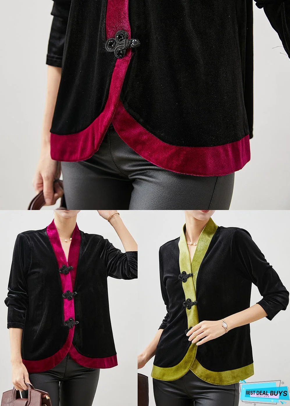 Vintage Green Patchwork Oriental Silk Velour Blouses Spring