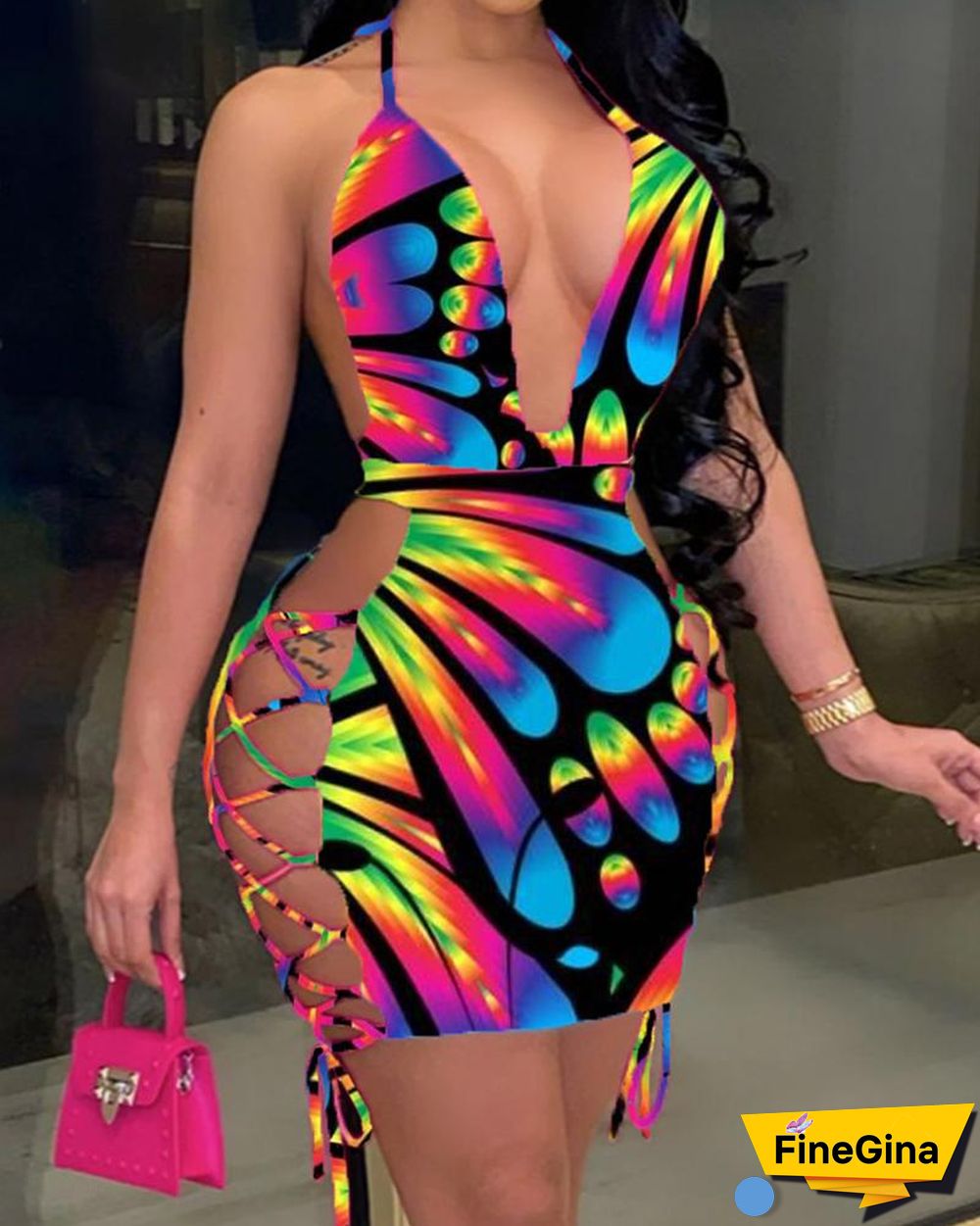 All Over Print Halter Lace-up Bodycon Dress