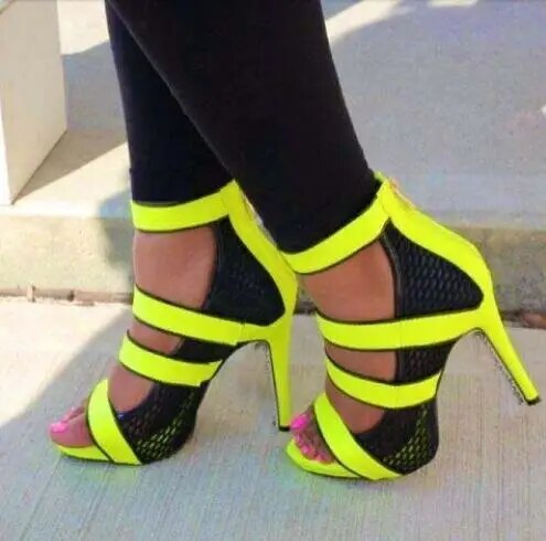 VCSHOES Neon Straps Women Cut Out Sandals Open Toe Ladies Mesh High Heels Stiletto Zipper Back Dress Shoes