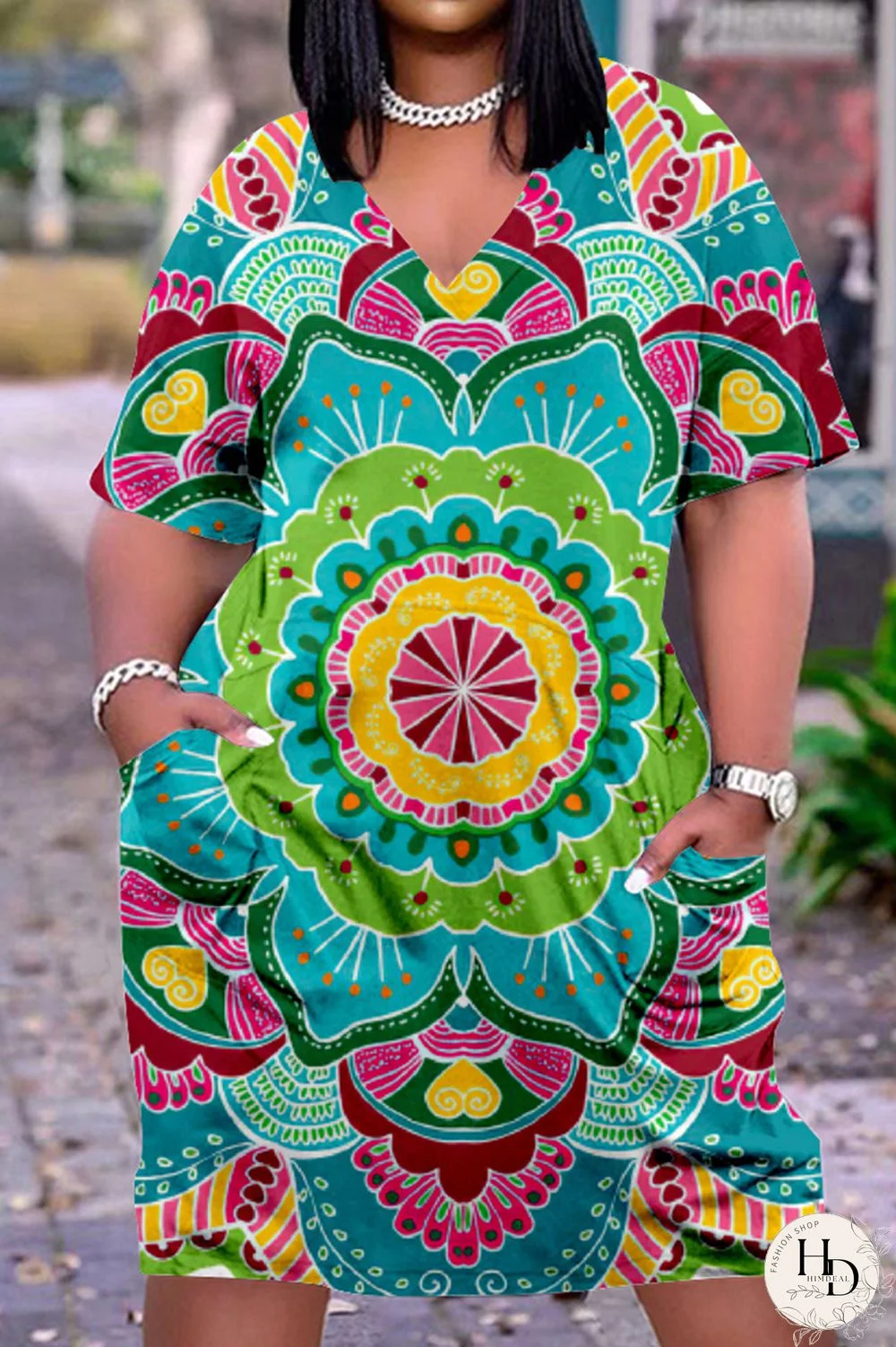 Purplish Blue Fashion Casual Print Basic V Neck Short Sleeve Dress