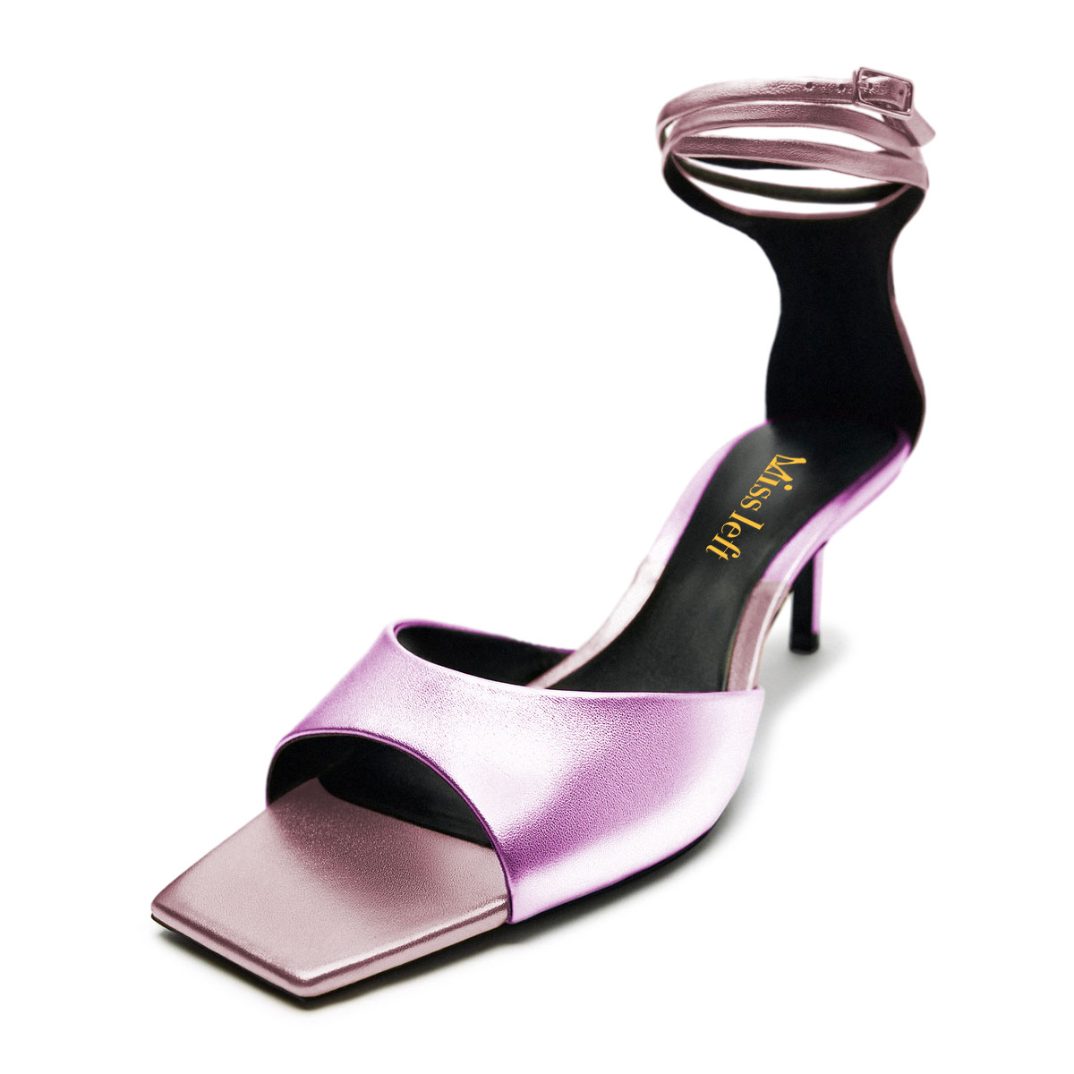 Purple & Pink Metallic Square Toe Kitten Heeled Sandals with Strap Nicepairs