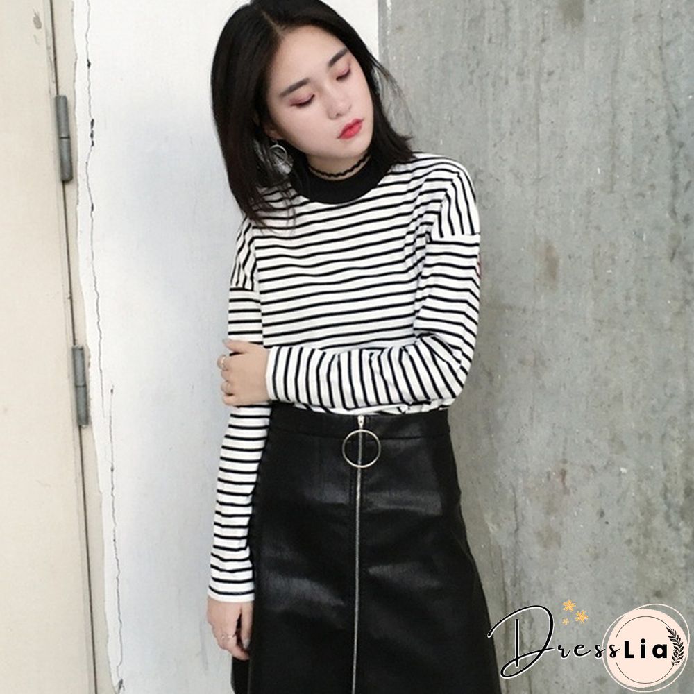 Women Turtleneck Korean Style Crop Top Long Sleeve Striped Tops Female Shirt Casual Harajuku Tops