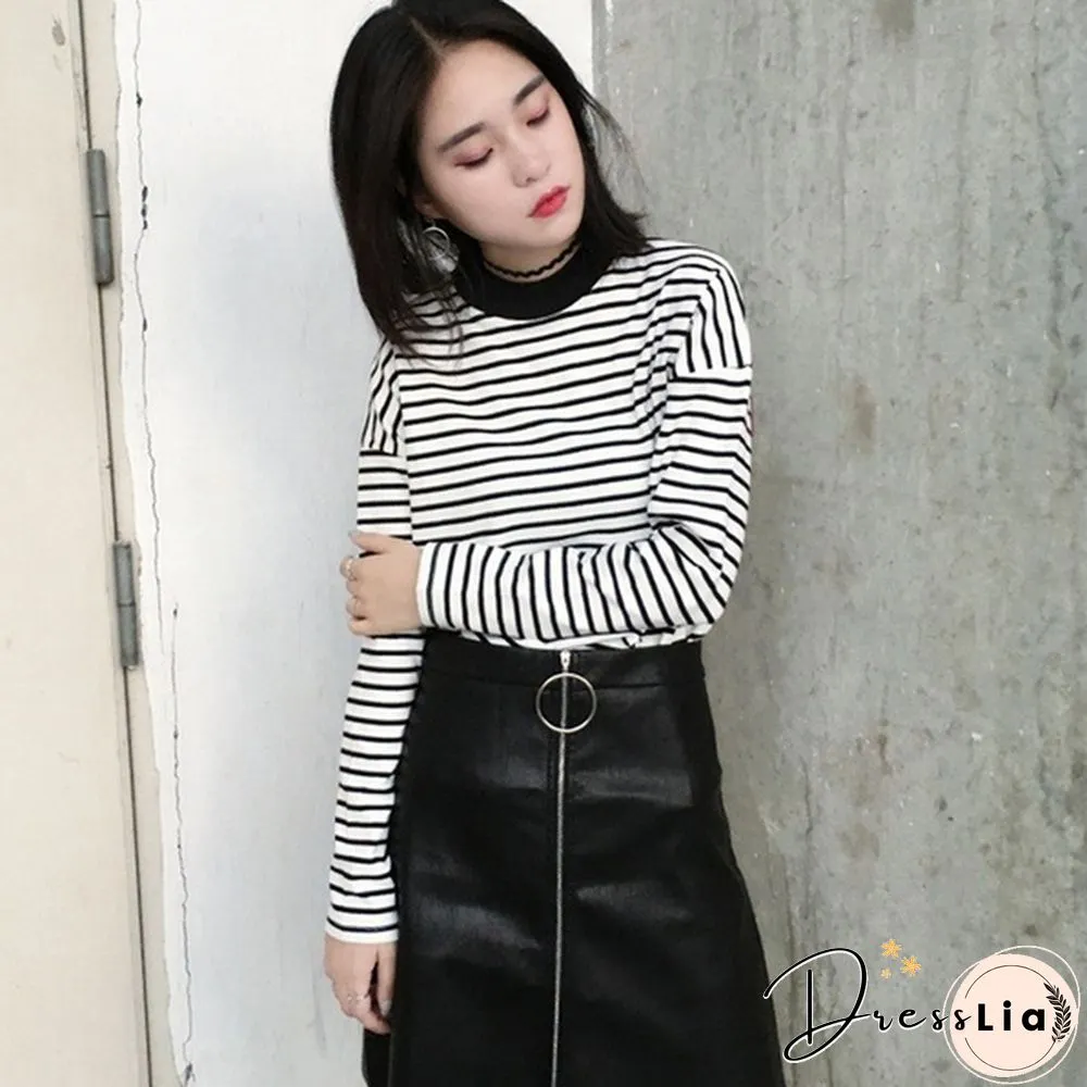 Women Turtleneck Korean Style Crop Top Long Sleeve Striped Tops Female Shirt Casual Harajuku Tops