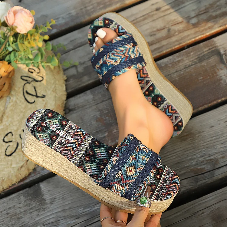 Patchwork Tribal Pattern Open Toe Casual Wedge Slippers