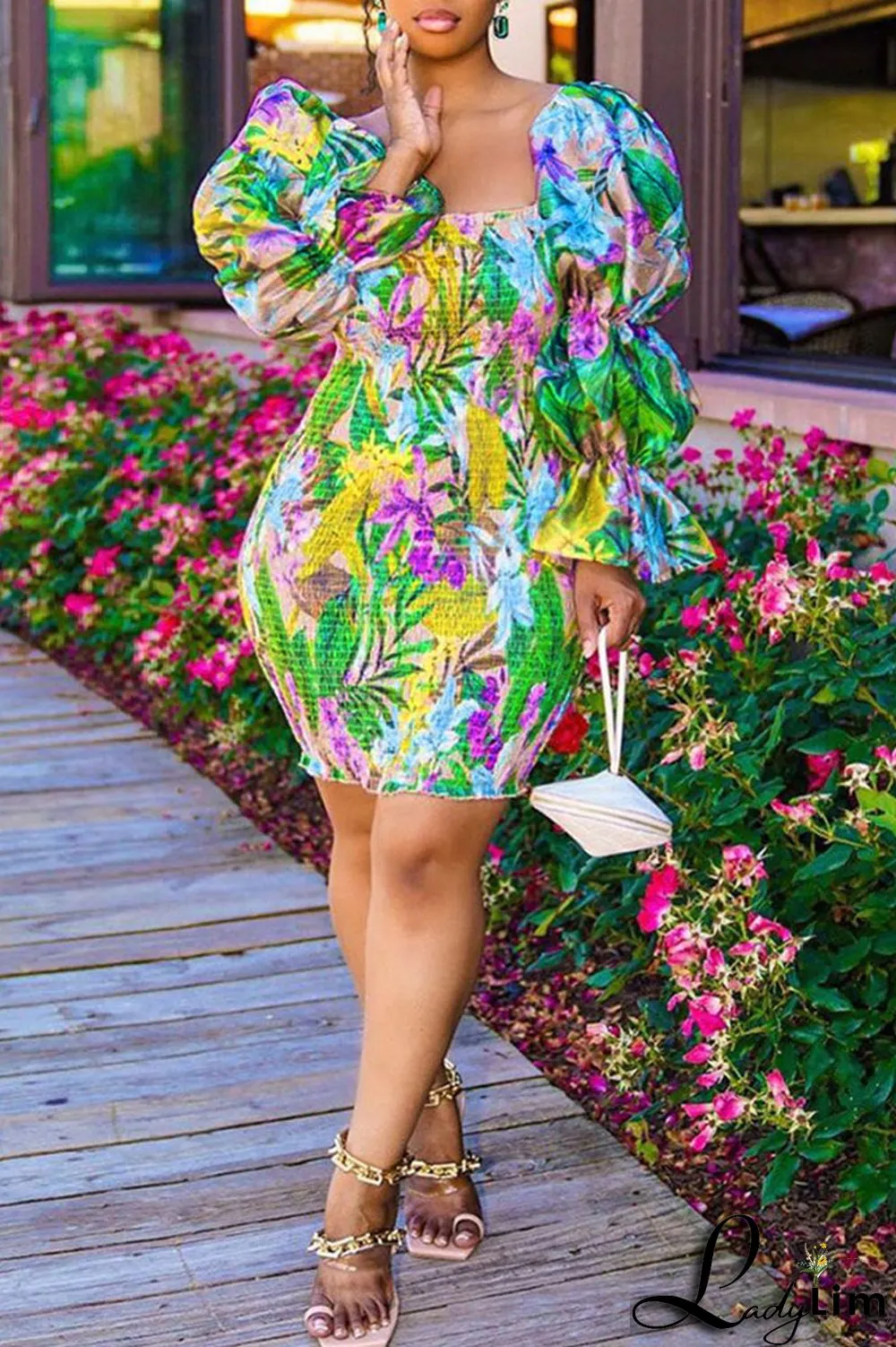 Grass Green Fashion Sweet Print Patchwork Square Collar Pencil Skirt Dresses