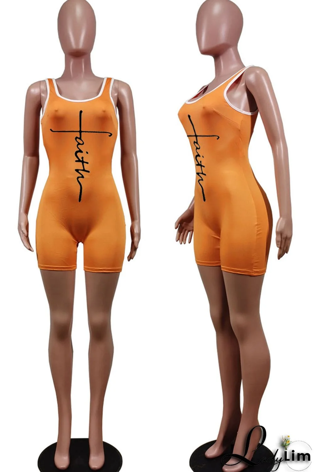 Tangerine Red Casual Print Split Joint U Neck Regular Jumpsuits