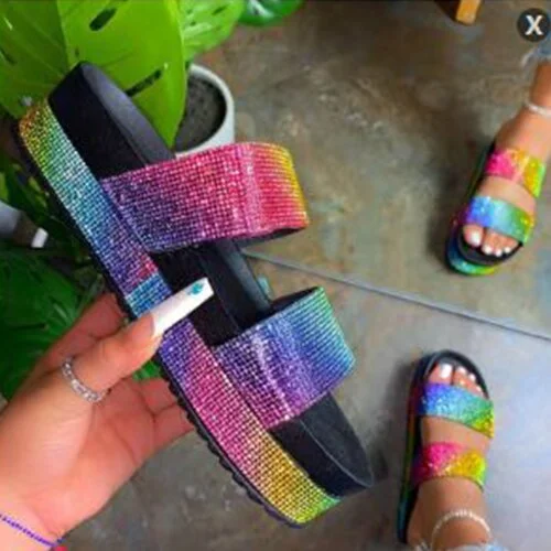 Rhinestone Slippers Women 2020 Woman Crystal Slides Platform Slippers Chunrry Shoes Rainbow Shiny Diamond Large Size New