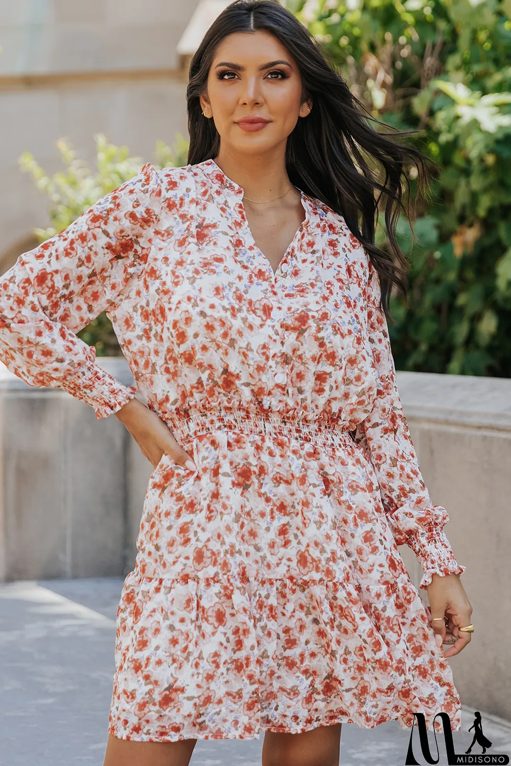 MidiSono - Red Shirred High Waist Floral Mini Dress