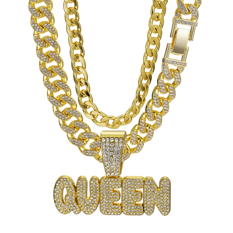 Style Jewelry Three-Piece Queen Pendant Alloy Full Diamond Cuban Link Chain Bracelet NK Chain4