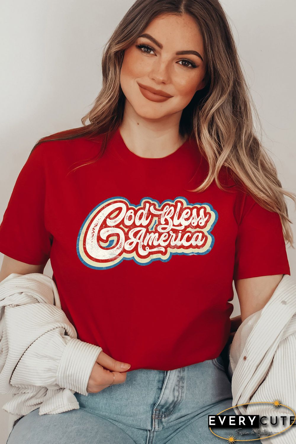 Red God Bless America Graphic Print Short Sleeve Top