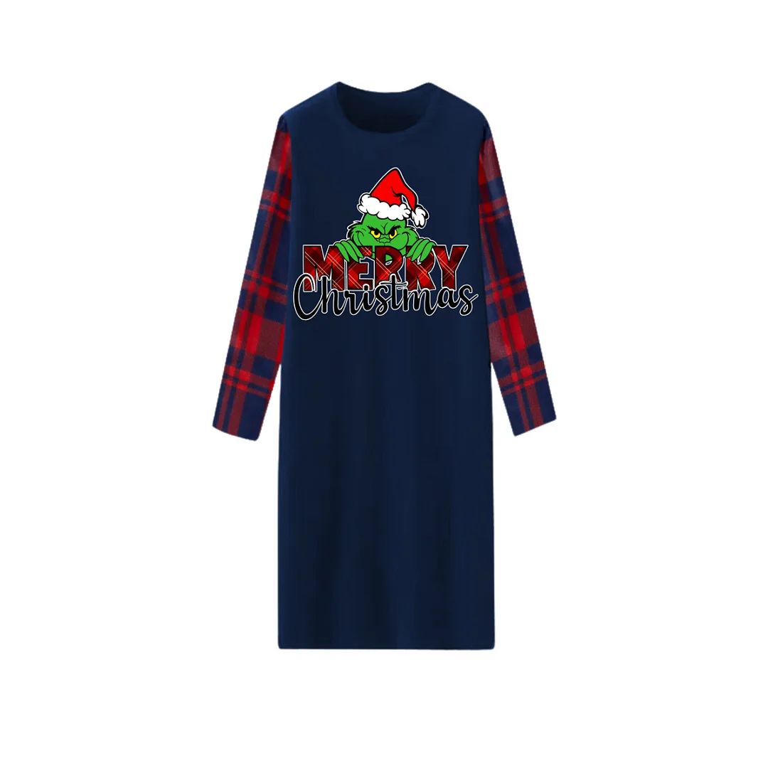 Christmas Catroon Pattern and Text Print Blue Long Sleeve Top with Red & Blue Plaid Christmas Couple Matching Pajama