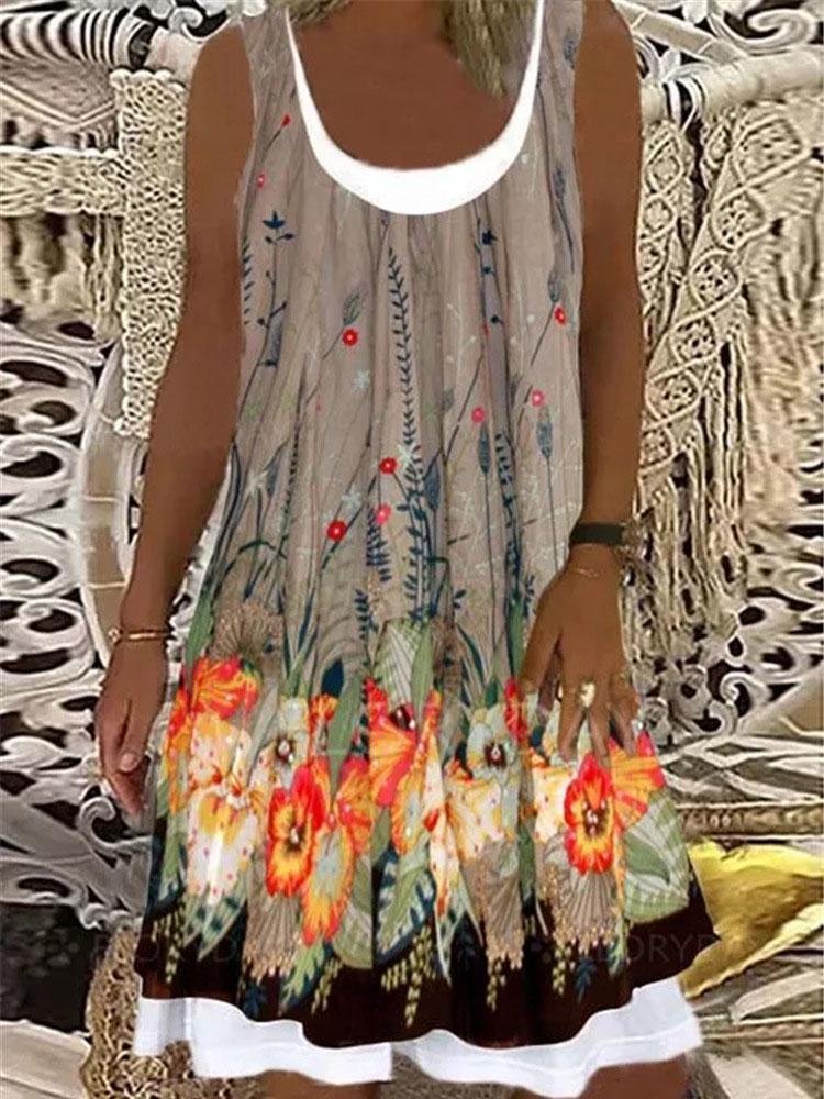 Women's Loose Fashion Floral Printed Graphic Stitching Sleeveless Midi Dress