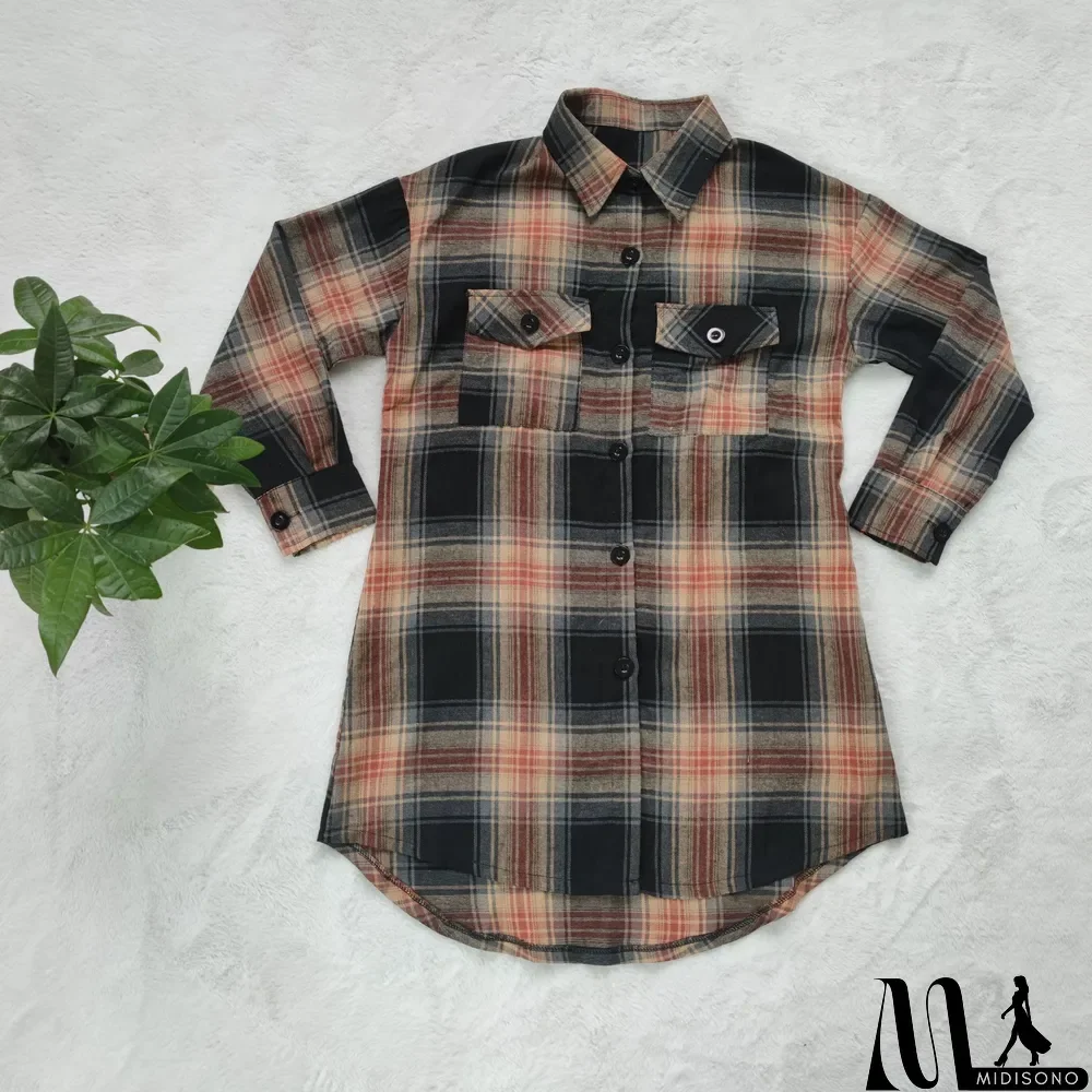 MidiSono - Plaid Long Sleeve Loose Shirt Top