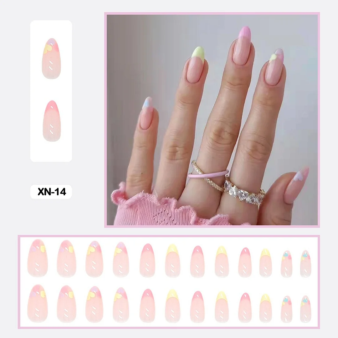 24pcs Fresh Lovely Pink Purple Blue Summer Flower Water Drop Shaped Fake Nails With Glue Wearable False Nails With Wearing Tools-Nail Inspo