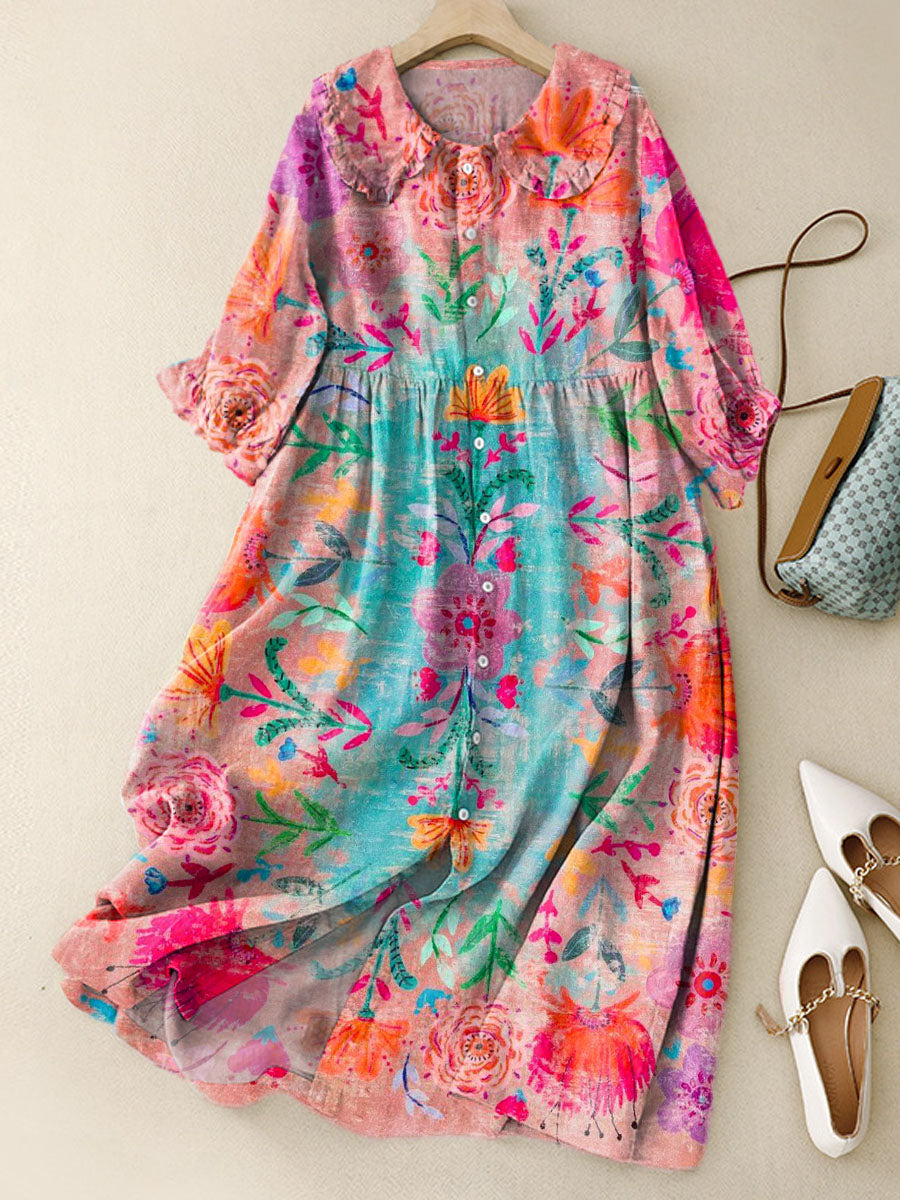 Women‘s Vintage Lovely Floral Pattern Art Print Peter Pan Collar Cotton Dress
