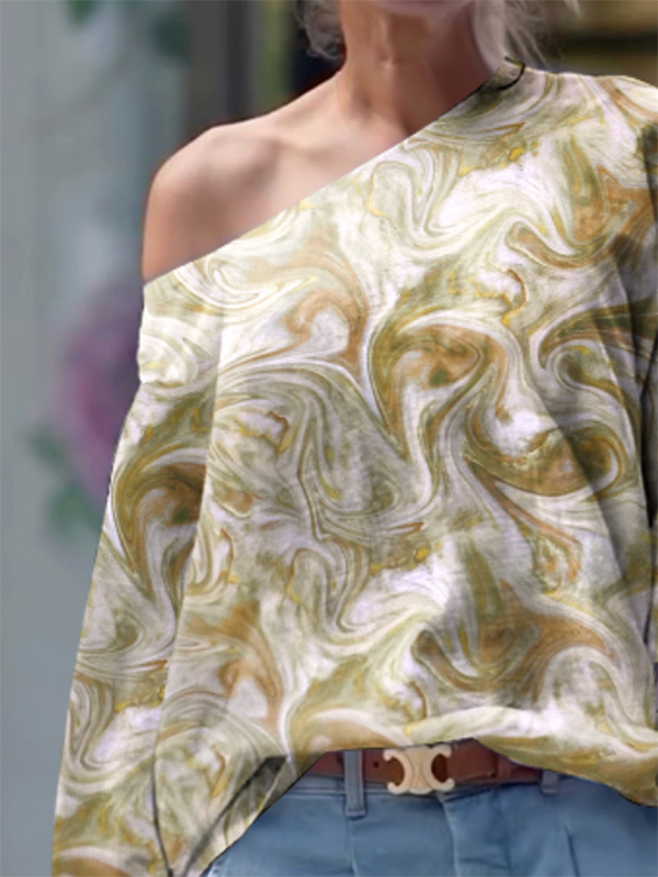 Long Sleeves Loose Printed One-Shoulder T-Shirts Tops