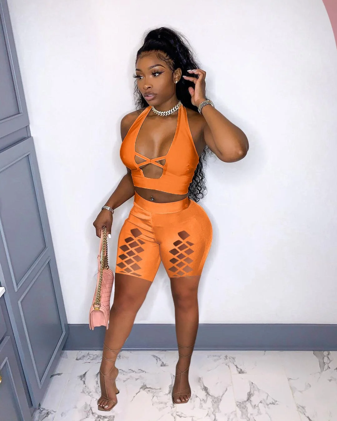 CM.YAYA Women Set Solid Sleeveless Halter Crop Tops Hollow Out Stretchy Shorts Two 2 Piece Sets Sexy Tracksuit Summer Outfits