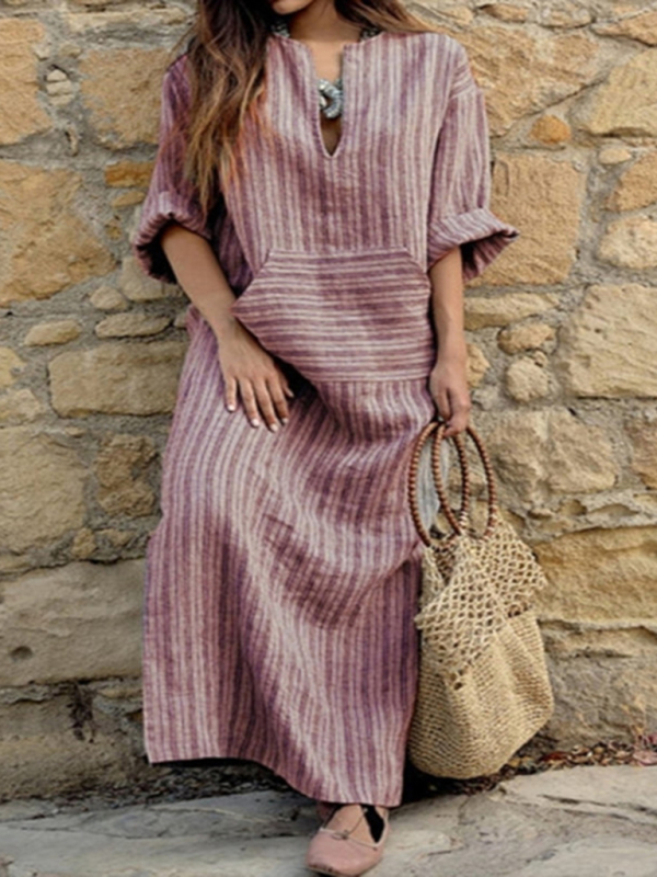 Mature Women Summer New Cotton And Linen Yarn-dyed Striped Loose Maxi Dress