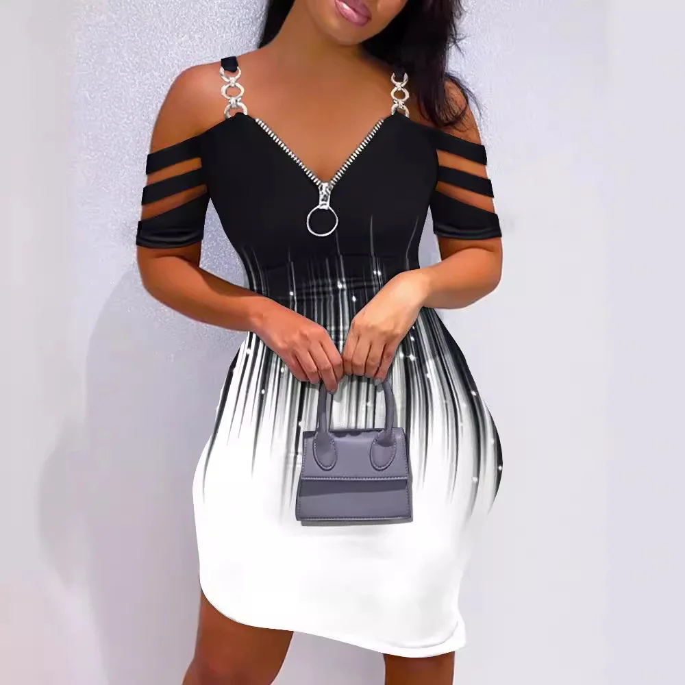 Wongn Wongn Summer Women's Sling Zipper V-Neck Print Casual Gradual Short Tight-Fitting Dress