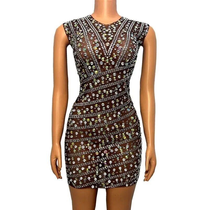VCSHOES Evening Party Birthday Celebrate Rhinestones Short Dress Transparent Elastic Mesh Dance Outfit Singer Stage Costume
