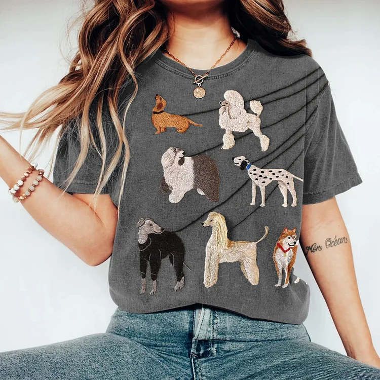 VChics Embroidered Dog Art Print Short Sleeve T-Shirt