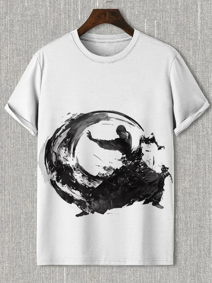 Men's Chinese Kung fu Ink Art Print Casual T-Shirt
