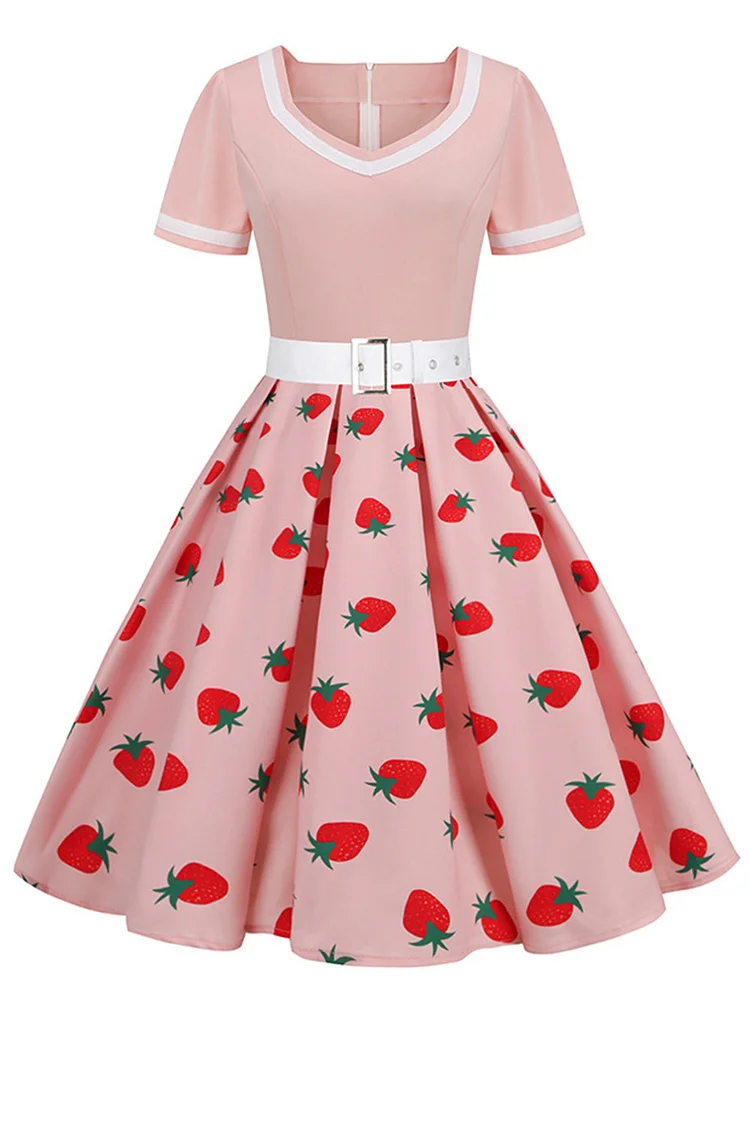 1950s Plus Size Pink Casual Patchwork Fruit Print Pleated Midi Dress (With Belt)
