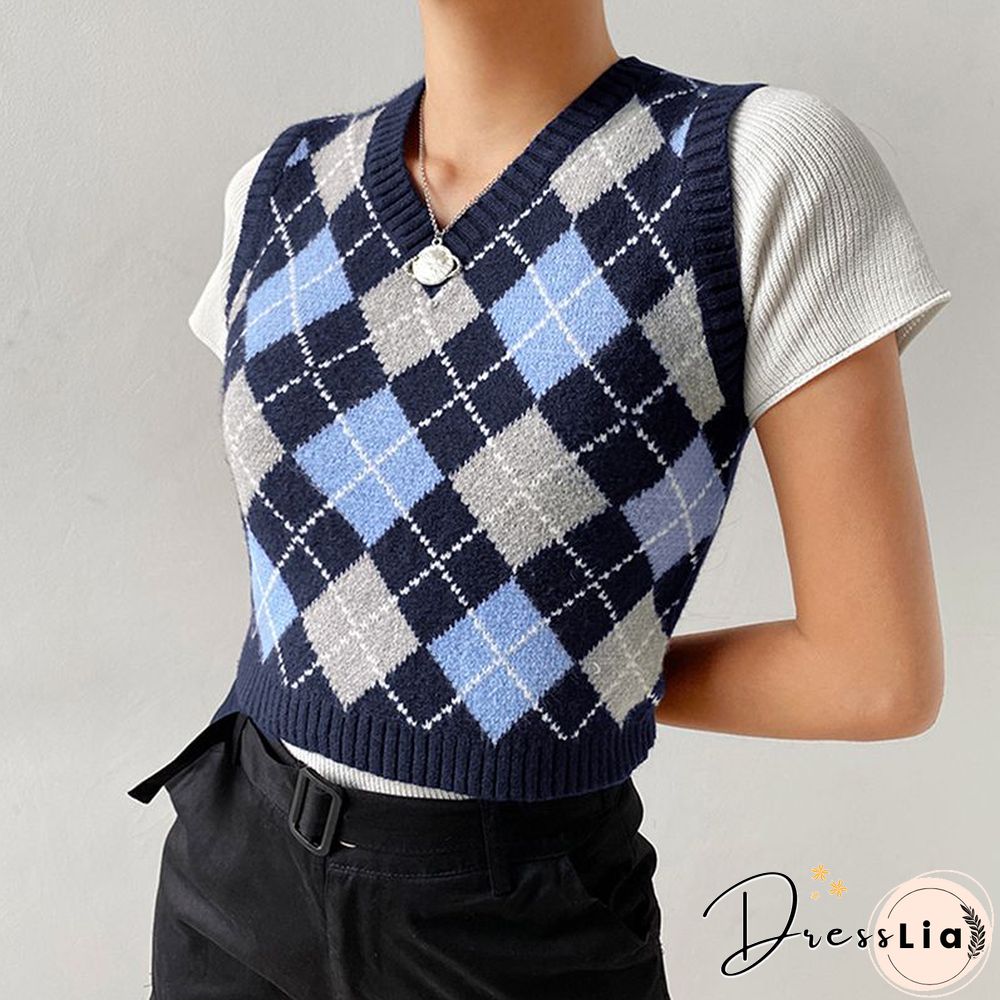 Checkered Cropped Knitted Tank Argyle Sleeveless Jumper