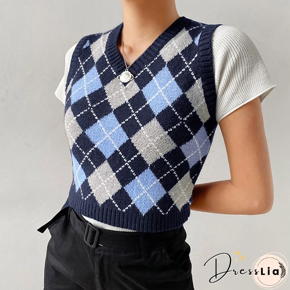 Checkered Cropped Knitted Tank Argyle Sleeveless Jumper