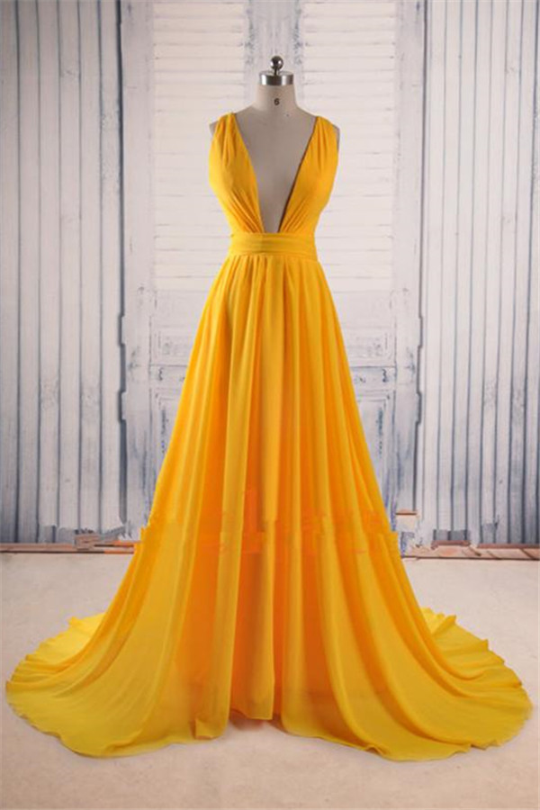 Hidais Beautiful Orange Deep V Neck Sleeveless A Line Long Prom Dress