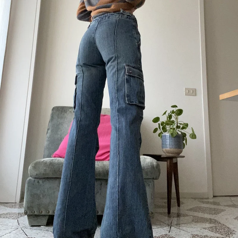 Back To School Outfit  Street Style Baggy Flared Denim Pants Women Fashion Vintage Pocket Patchwork Cargo Jeans High Waist Fairy Grunge Pants