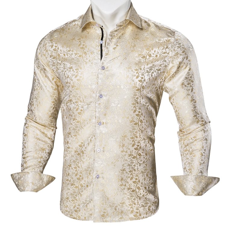 New Arrival Champagne Floral Silk Men's Long Sleeve Shirt