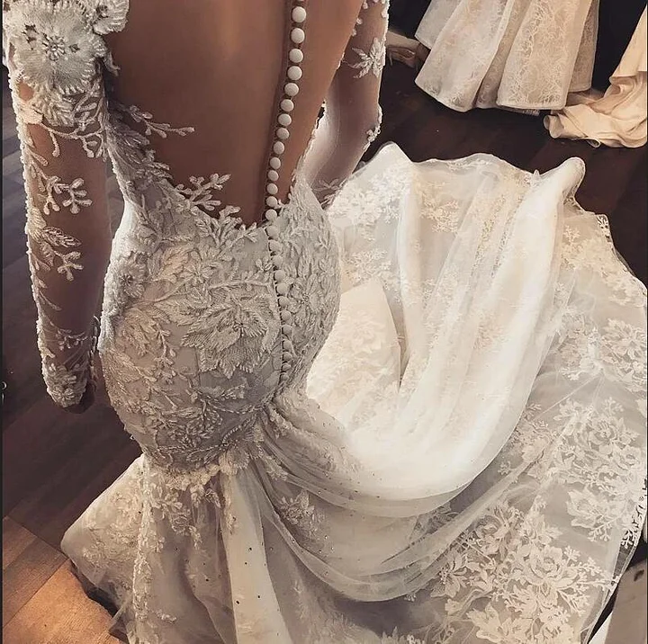 Classy Long Sleeve Sweetheart Floor-length Mermaid Wedding Dress Tulle  Ruffles With Appliques Lace