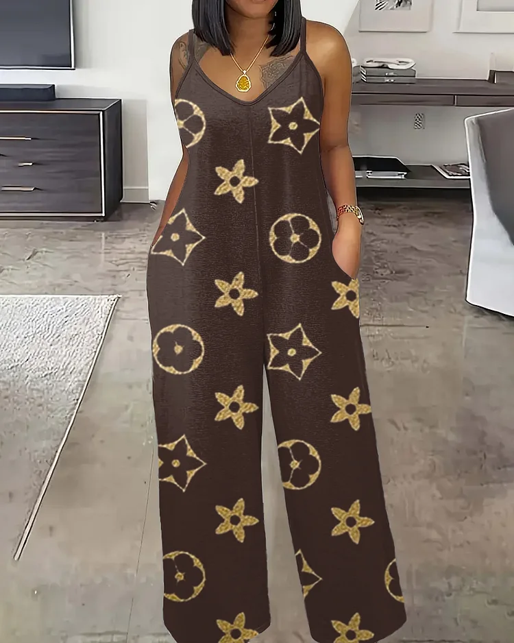 Classic Golden Flowers Sleeveless Straight Jumpsuit
