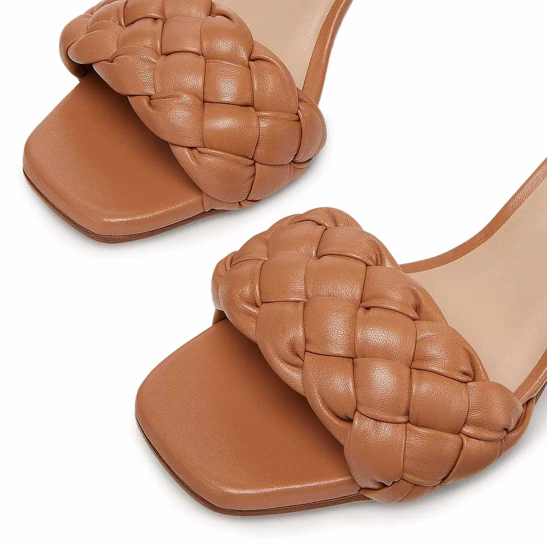 Brown Open Square Toe Ankle Strap Braid Crystal Chunky Heeled Sandals