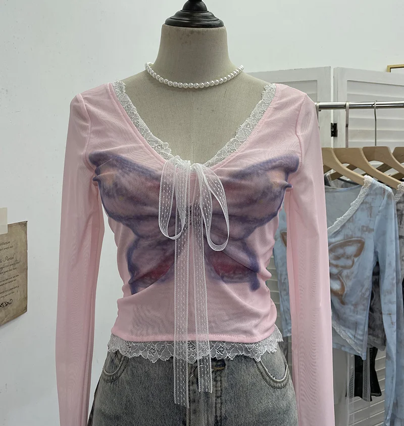 Nigikala Nigikala Shot Micro-Permeable Mesh Butterfly Print Splicing Lace Hanging Neck Horn Long-Sleeved T-Shirt Repair Short Top 1286