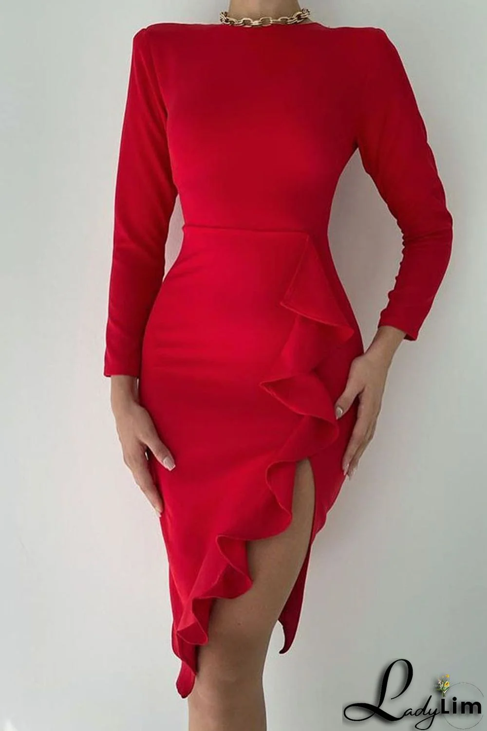 Red Sexy Solid Split Joint Flounce Asymmetrical O Neck One Step Skirt Dresses