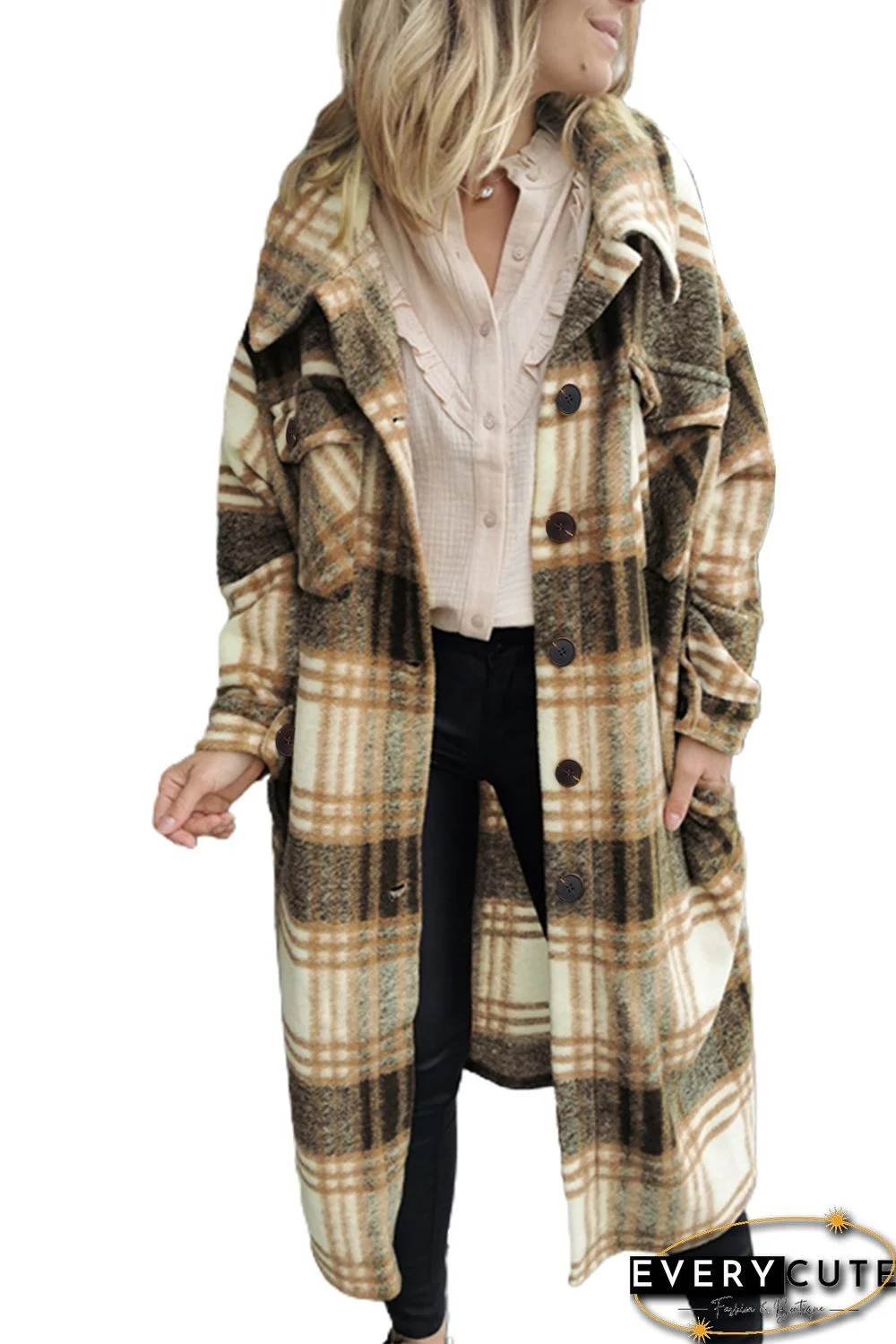 Brown Pocketed Grid Pattern Overcoat