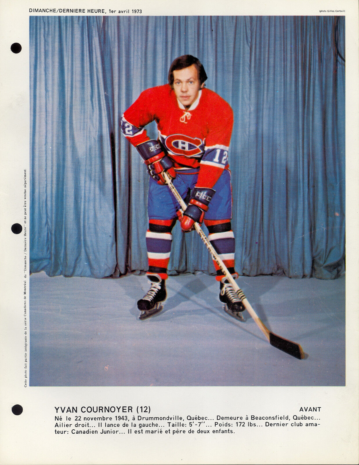 1973 Yvan Cournoyer MONTREAL CANADIENS NM DIMANCHE DERNIERE Magazine 8X11 Photo Poster painting