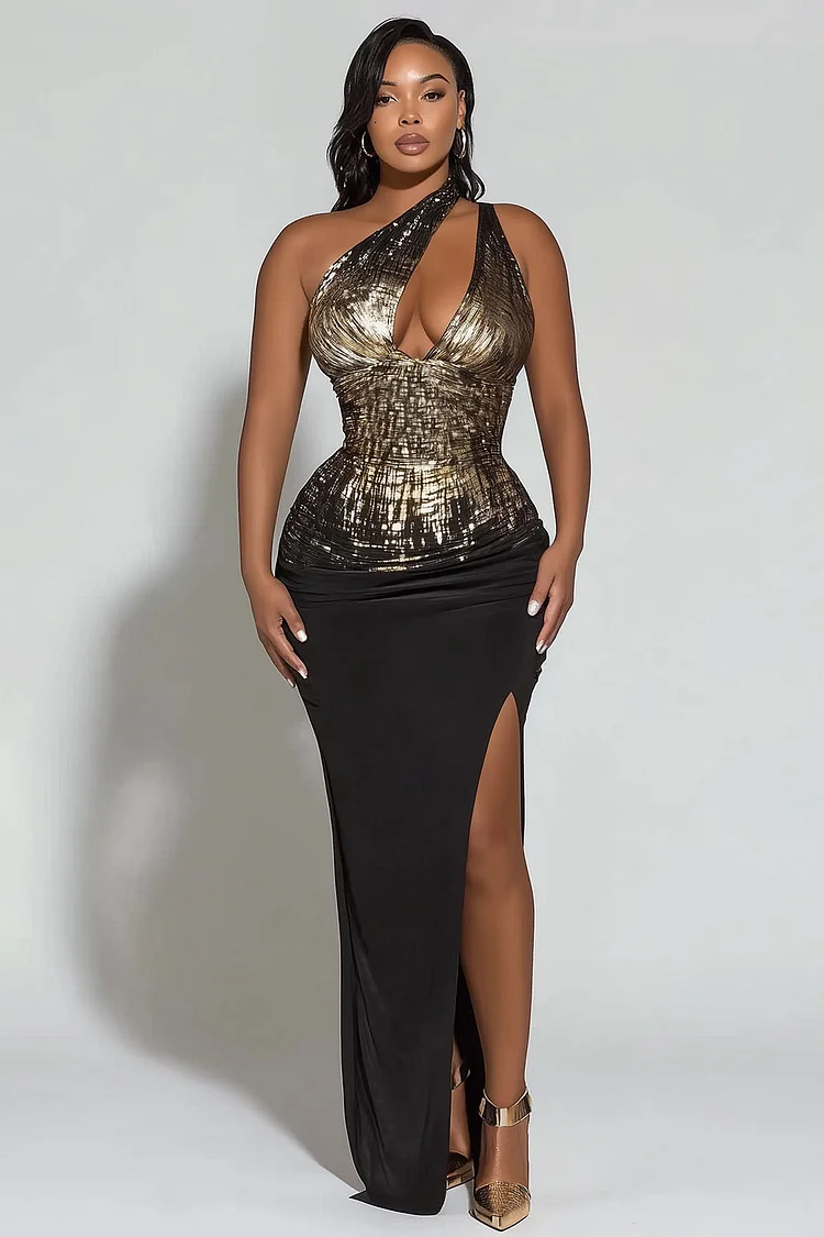 Metallic Coated One Shoulder Bodycon Party Maxi Dresses-Black [Pre Order]