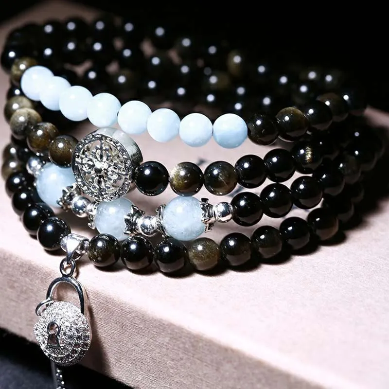Natural Ice Obsidian Tiger Eye Gourd Bracelet Necklace Mala