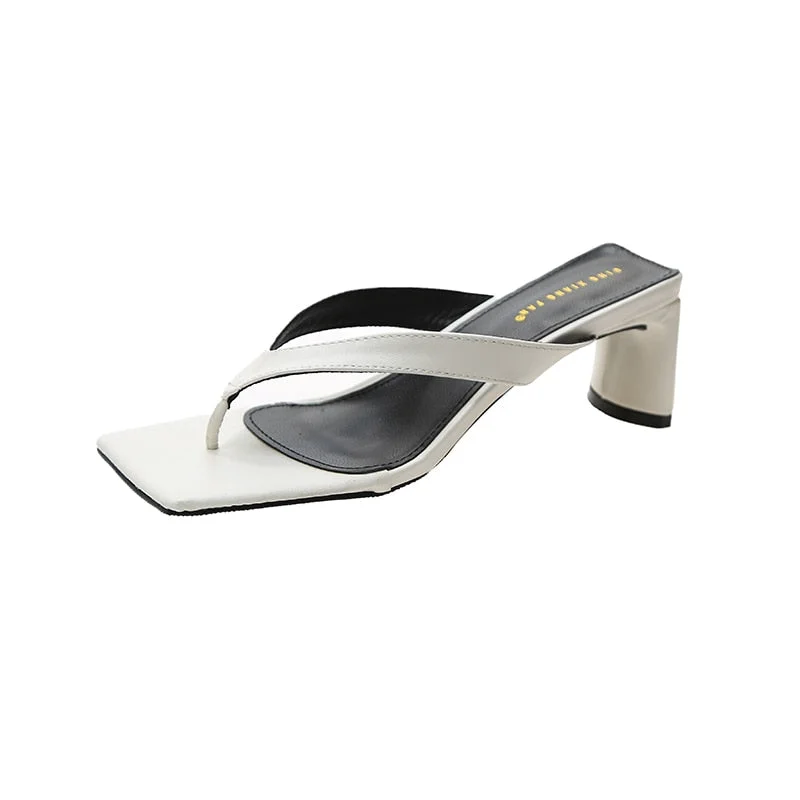 2021Sexy Clip Toe High Heels Slippers Women Silver White Square Toe Party Slides Women Fashion Square Heels Sandals Female